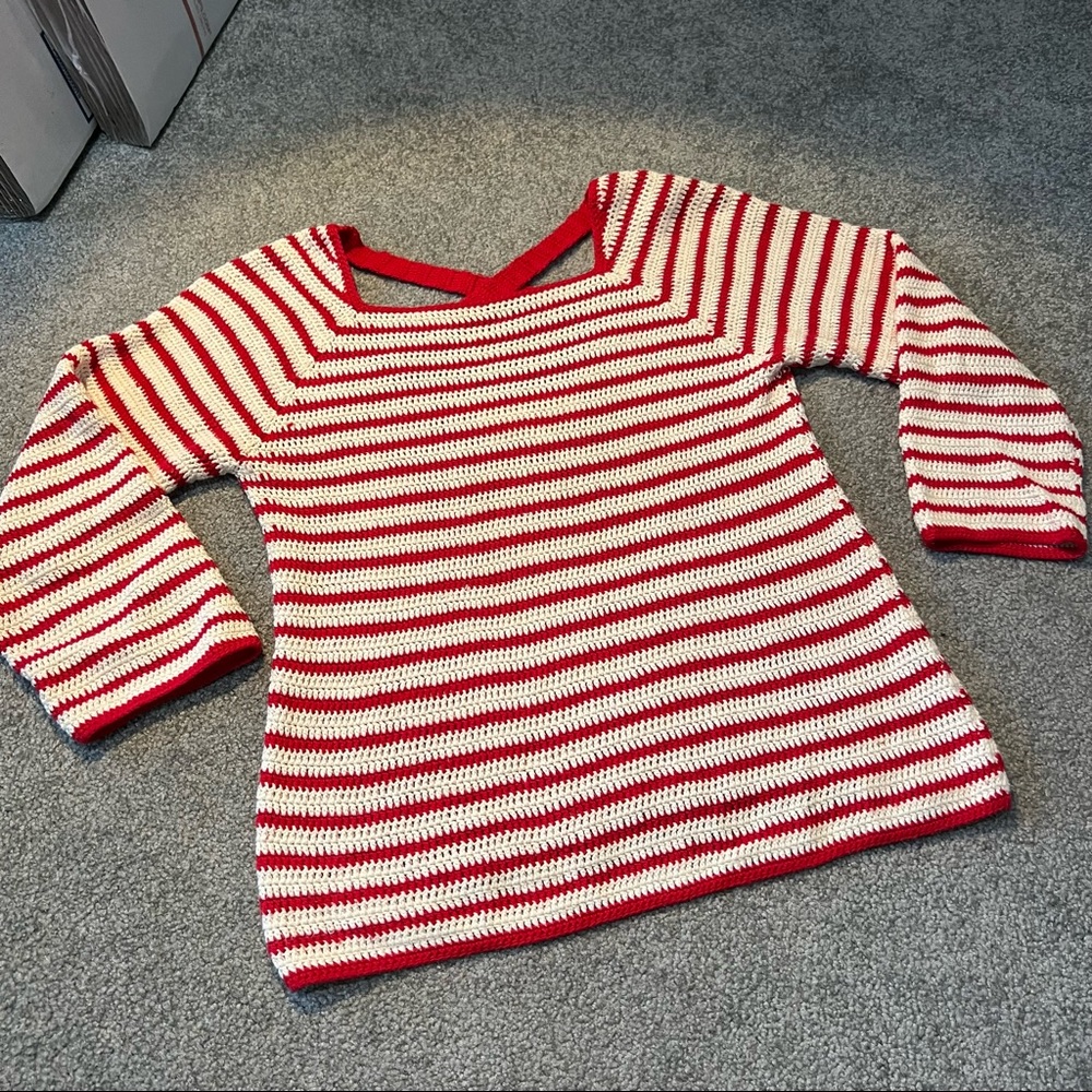 Lauren Moffatt Sweater Women's Small Crochet Knit Red‎ Cream Stripe Boho Beachy